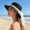 Beach Straw Hat Flat Top Wide Brim Sun Protection Hat with Tulle Bow Imitation Pearls Decor Hand-Woven Breathable Summer Hat