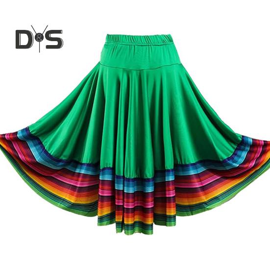 Midi Skirt Ladies Folk Dance Skirt Elastic High Waist Spanish Swing Skirt Rainbow Large Swing Hem Mexican Flamenco Performance Skirt