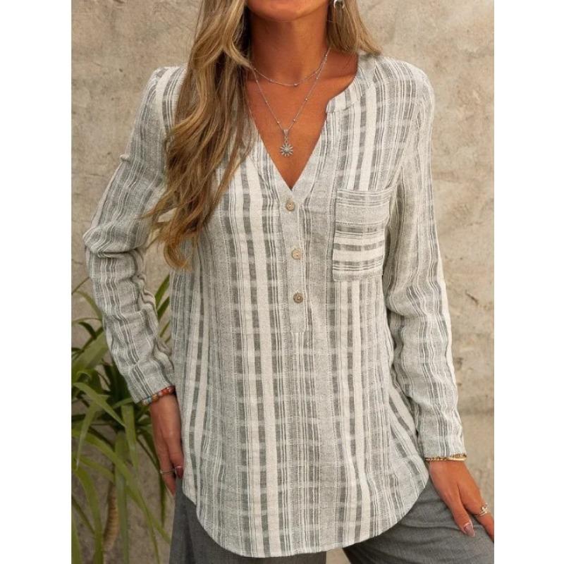 

Женские рубашки Мода 2025 Весенне-осенний стиль Блузки Женские Повседневные С длинным рукавом V-образный вырез В полоску С принтом Карманы Повседневные Свободные Топы XXL серый