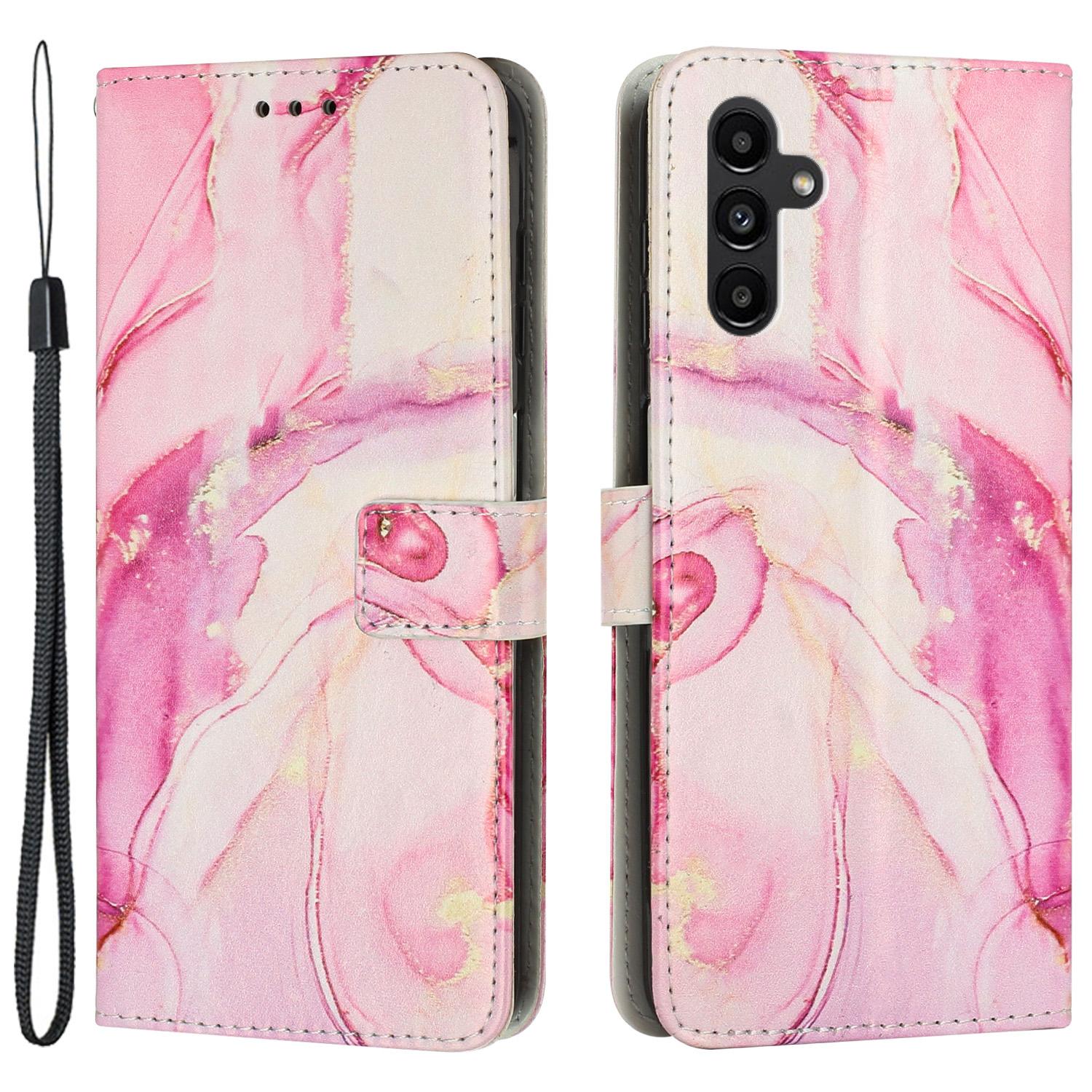 

For Samsung Galaxy M14 5G Marble Pattern Flip Phone Case PU Leather Stand Wallet Cover with Strap Rose Gold