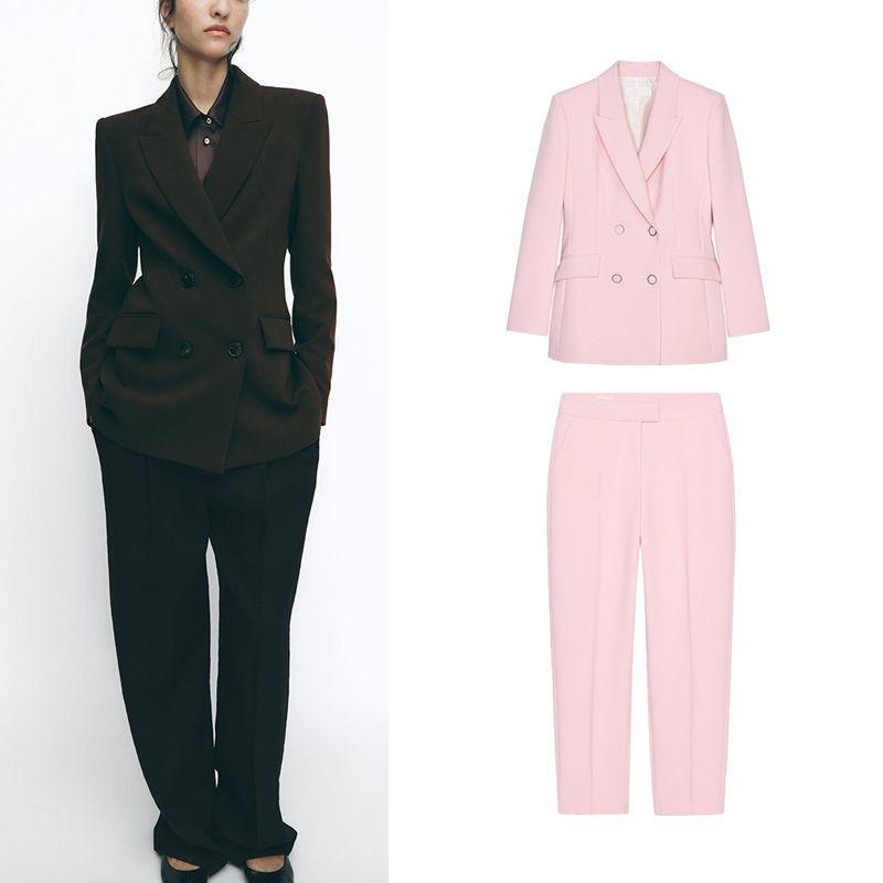 Lapel Long Sleeves with Padded Shoulder Double Breasted Suit Outwear 2205597 High Waist Ankle Pants 2199597