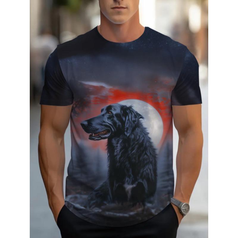 Men's Full-Body 3D Dog Moonlit Night Print T-Shirt - Hot Transfer Round Neck Short Sleeve Casual Summer