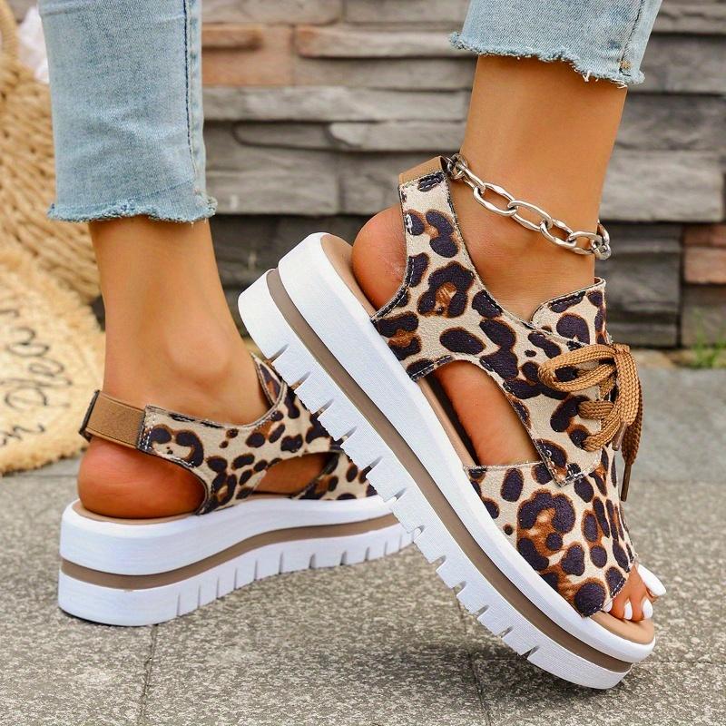 Women's Leopard Print Platform Sandals - Open-Toe Lace-Up Summer Shoes with Thick Cushioned TPU Sole, Breathable