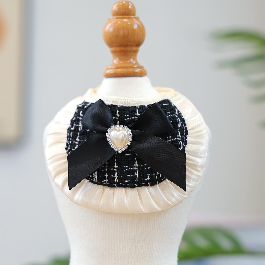 Luxury Tweed Cat Dress Bow Hair Clip + Pearl Necklace + Layer Tulle Skirt Outfit, Elegant Princess Pet Clothes for Dogs Cats
