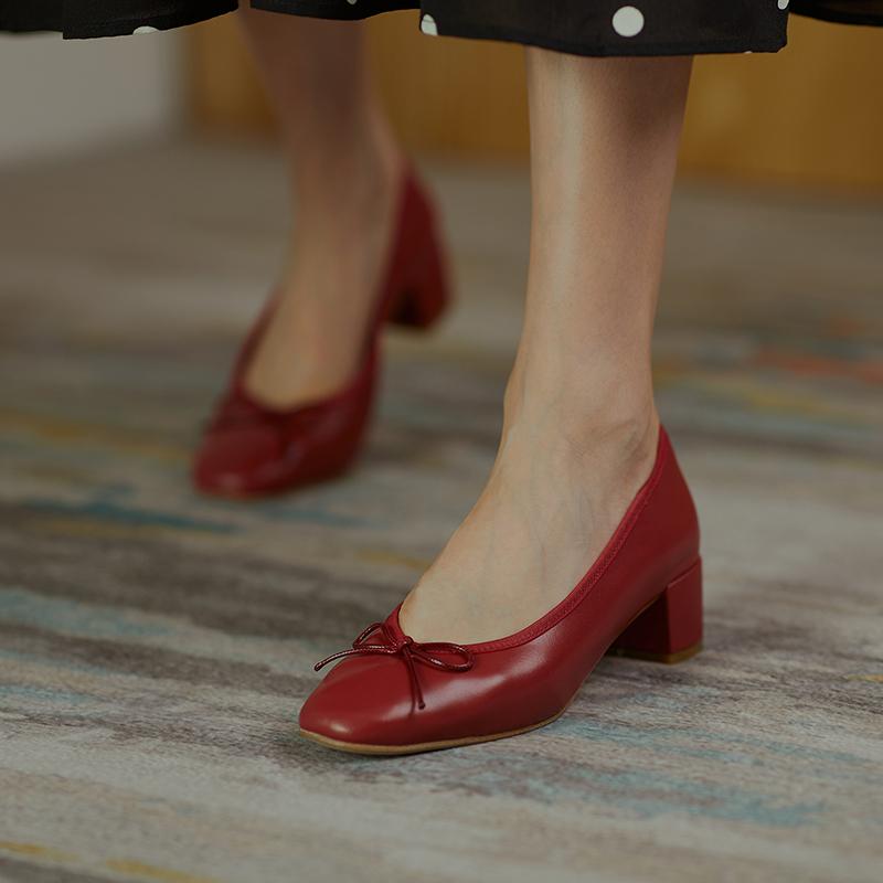 Fashion 2025 Genuine Leather Women Shoes Fashion Butterfly-knot Spring and Autumn Pumps Slip-On Casual Shoes Chunky Heel Size 34-40