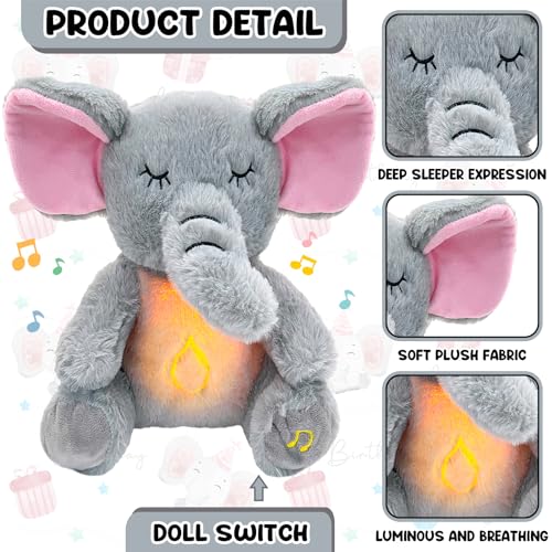Baby Sleep Aid Soother with Heartbeat Sound, White Noise Music & Soft Light, Newborn Calming Toy, Plush Elephant Stuffed Animal for 0-1 Month+