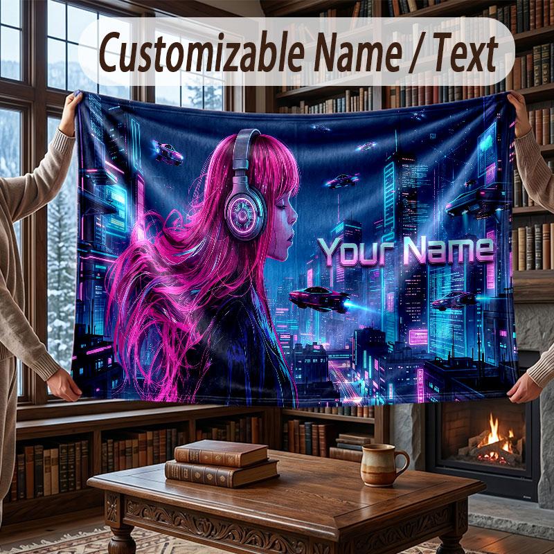 City Cyberpunk Theme Throw Blanket Custom Name Text Personalized Blanket Soft Cozy Blanket for Home Sofa Bed