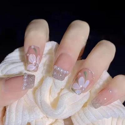 Flower Silver Pearl Nail Tips [24tips]