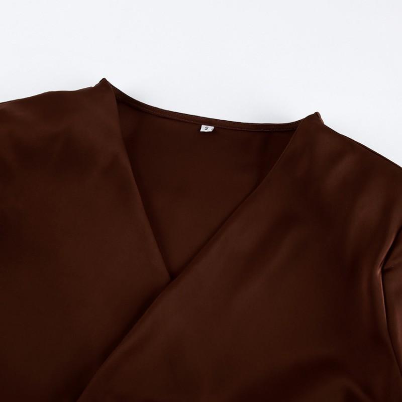 2026 Womens Vintage Brown Long Sleeve Shirt Top Pants 2 Piece Set