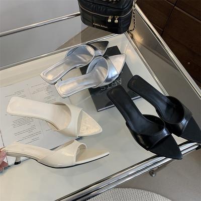 French Pointed Fish Mouth Silver Thin Heels Cool Slippers Women's 2025 Summer New Ins Trendy Niche Versatile High Heels
