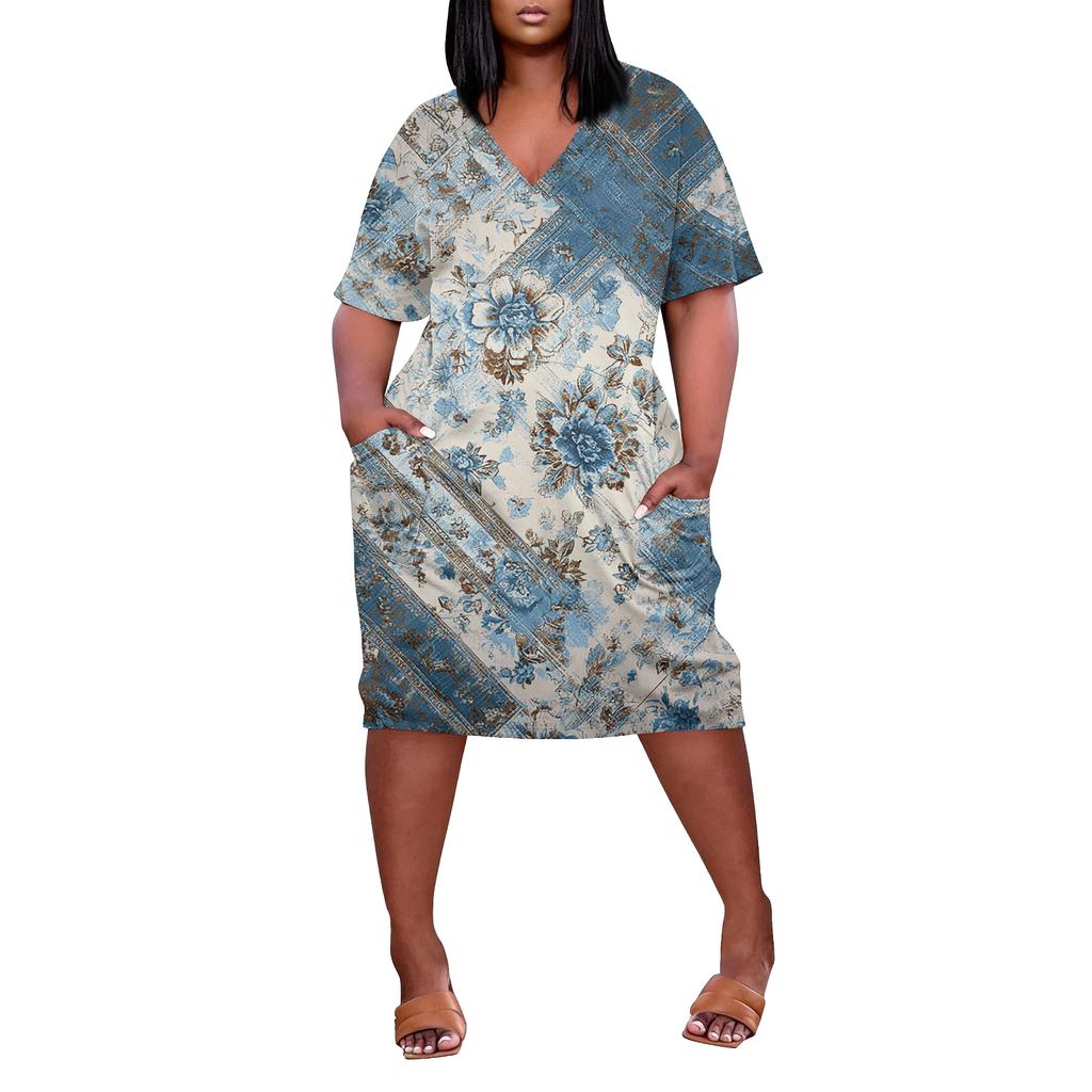 Letní nadměrné velikosti V výstřih krátký rukáv ke kolenům kapsa potisk ležérní šaty pro ženy