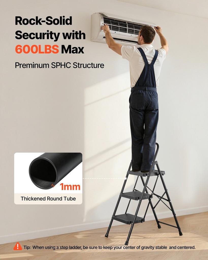 3 Step Ladder, Folding Step Stool with Wide Anti-Slip Pedal and Comfort Handgrip, Lightweight 272 kg Capacity Portable Steel Ladder, Multi-Use for