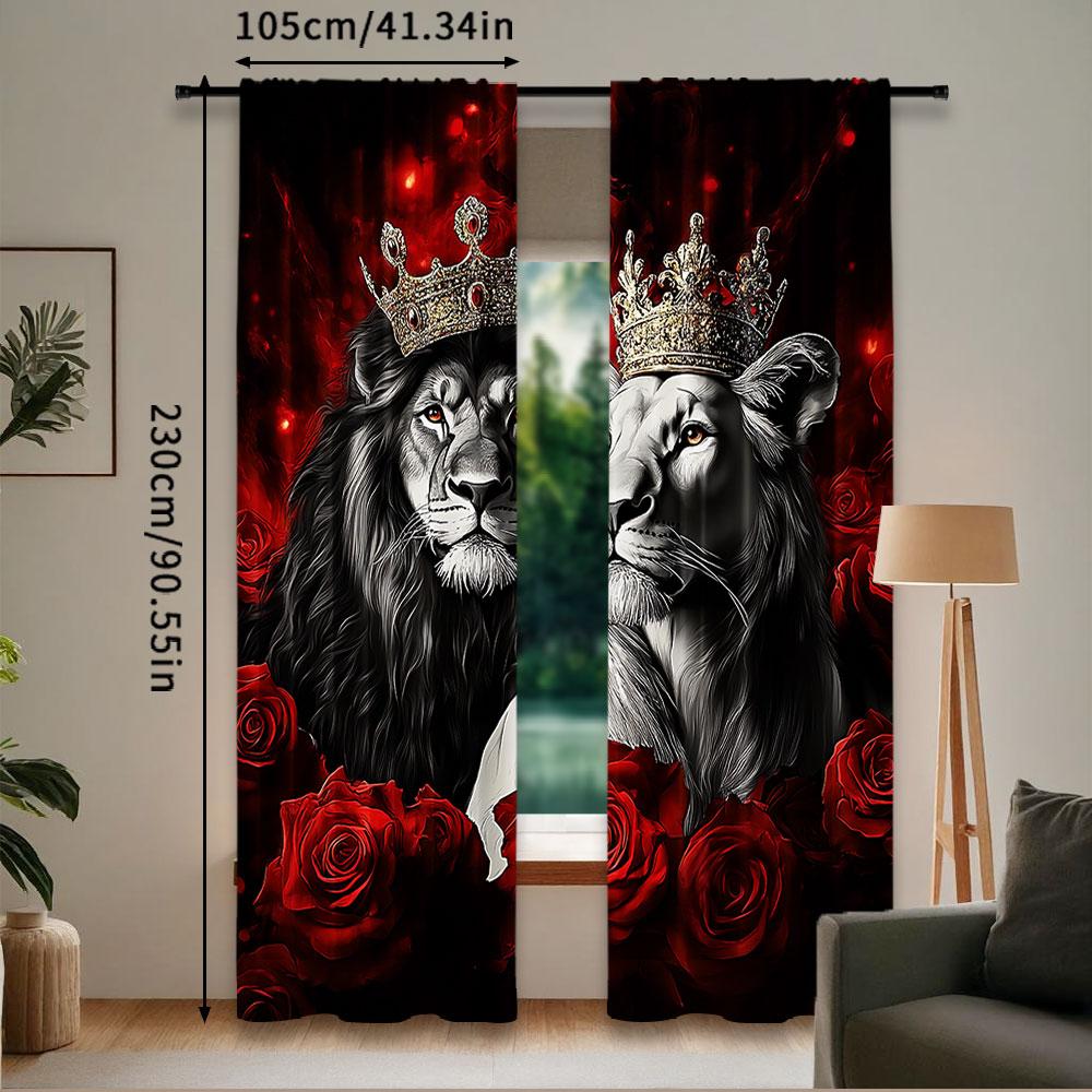 2Pcs Couple Curtain Red Rose Floral For Lover King And Queen Crown Valentine'S Day For Bedroom Living Room And Dining Room B