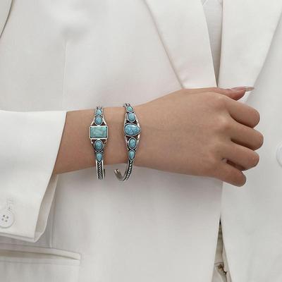 Bracciale Rigido Bohemien Vintage Turchese Regolabile con Design Geometrico