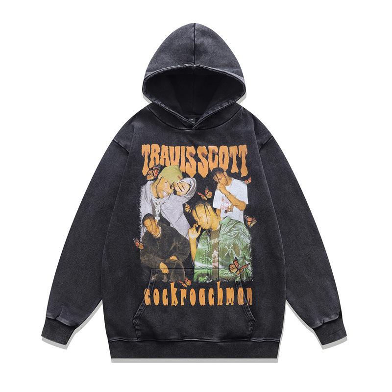 American Retro Digital Direct Injection Printing Hoodie Vintage 430G Pure Cotton Washed Sweater Men