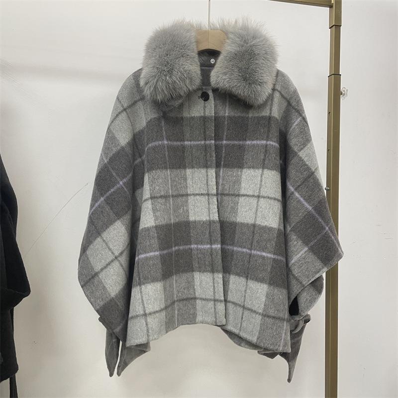 

Осенне-зимнее двустороннее шерстяное пальто женское шерстяное простое и универсальное офисное пальто кейп летучая мышь лисий мех M серый