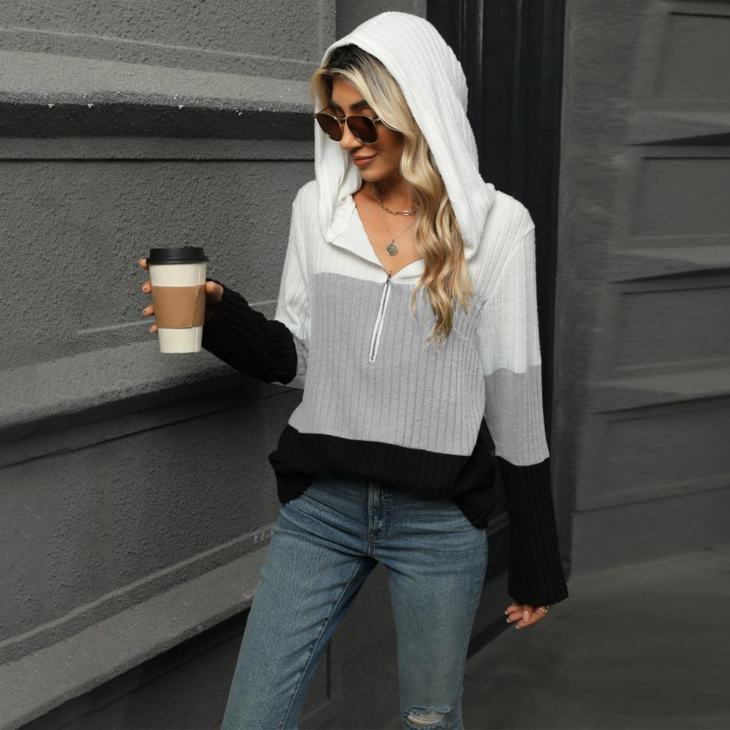 Women's Autumn and Winter New Loose Contrasting Color Spliced Zipper Hooded Long Sleeved Top for Women