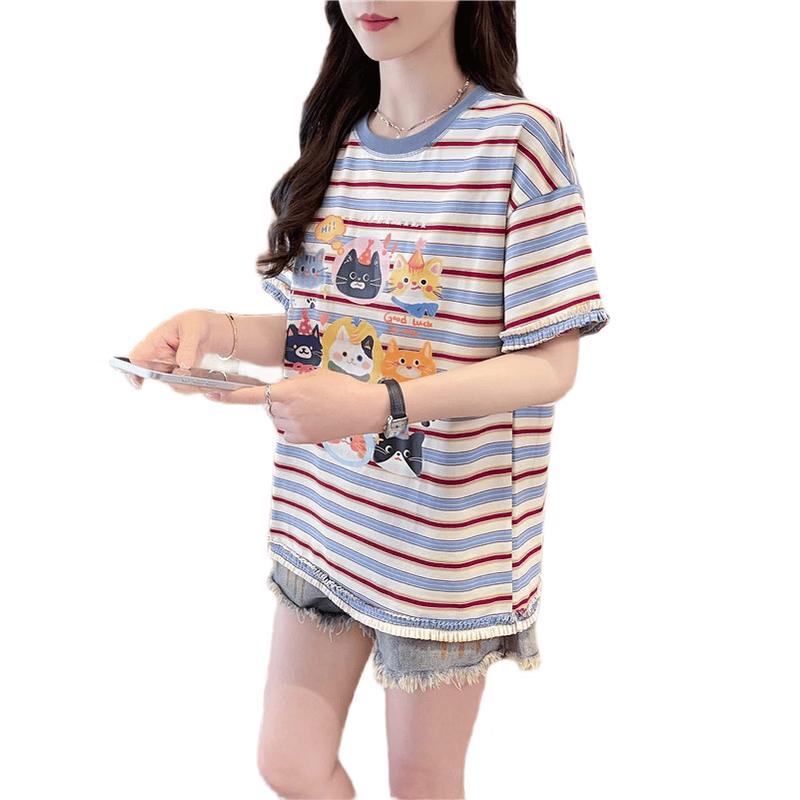 La Chapelle Women s Korean Style Striped Patchwork Short-Sleeved T-Shirt XL