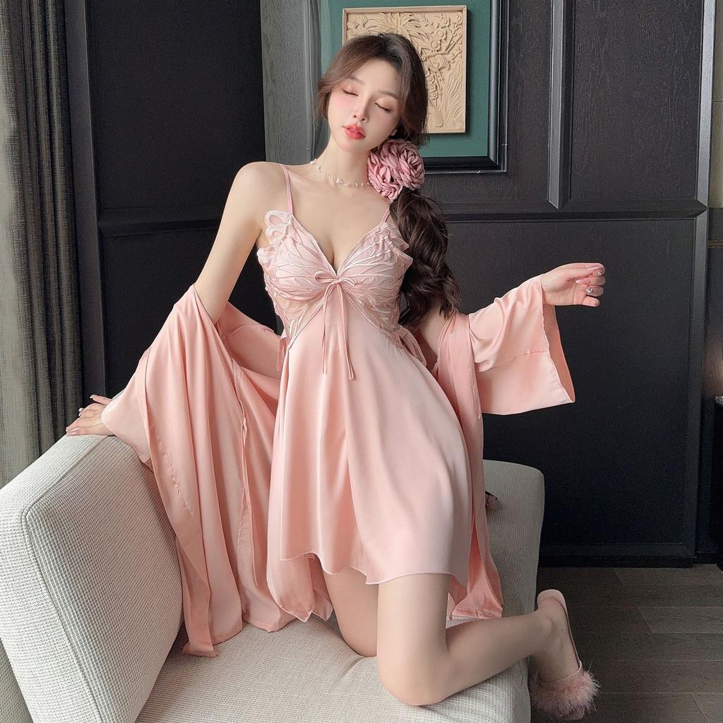 Sexy pajamas women's ice silk butterfly with chest pad suspender nightgown nightgown pure desire style new silk loungewear