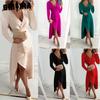 Women's Fashion Autumn Winter Solid Color Print Long Sleeve V-Neck Casual Dresses