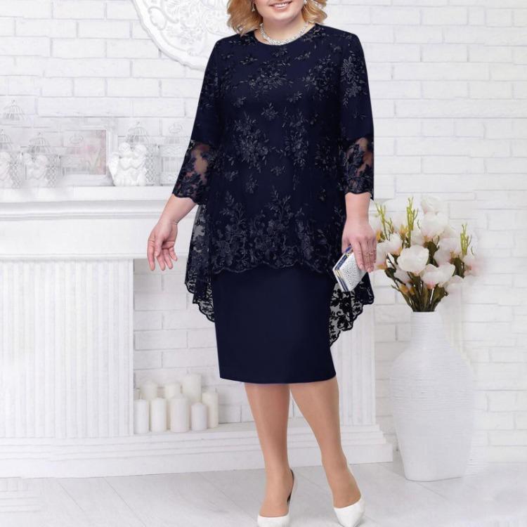Mode Damen Lässig Zweiteiliges Set Kleid Spitze Stickerei Mittellang Qunide