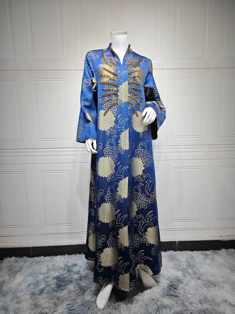 AB402 V-Neck Jacquard Beaded Dubai Dress - Women's Middle Eastern Muslim Robe