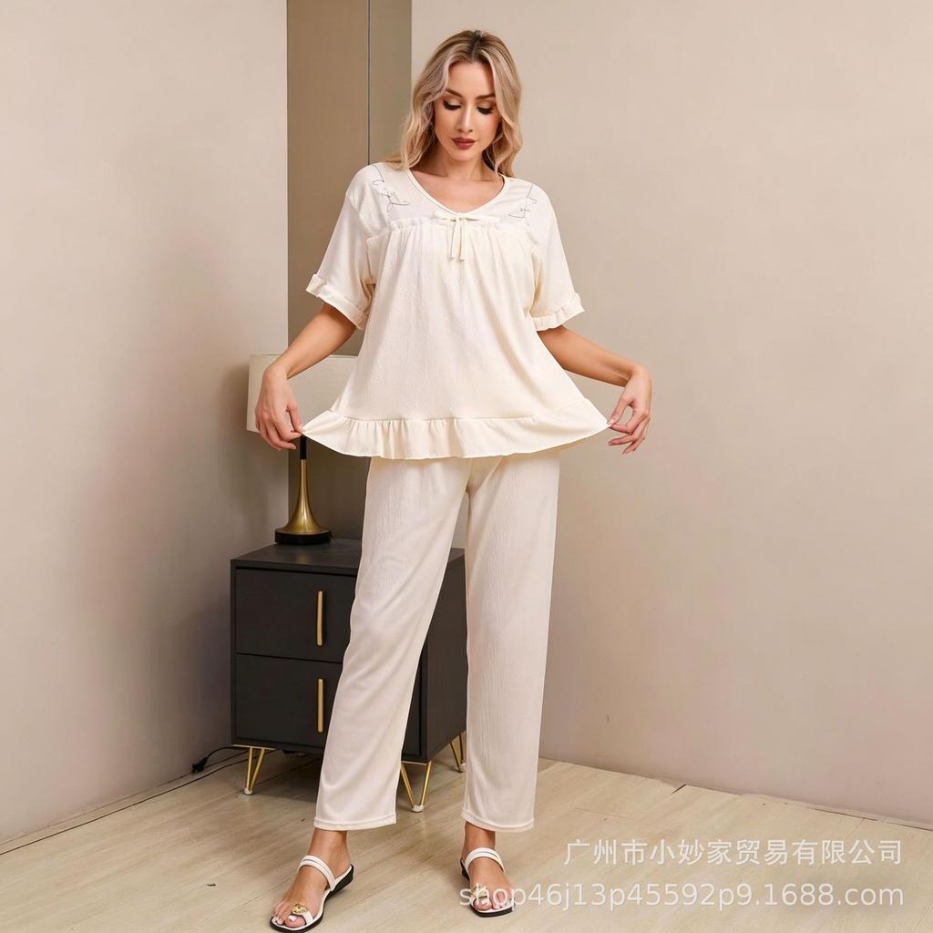 Women's pajamas threaded fabric lace splicing short-sleeved shorts sweet loungewear new explosion