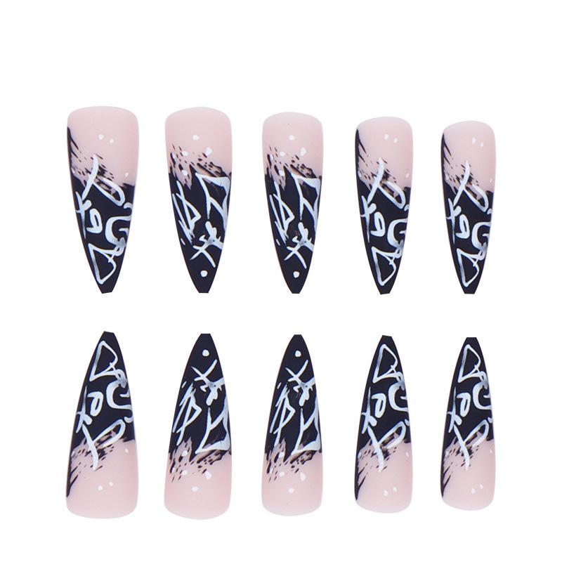 Europäische und amerikanische lange, spitze, schwarz-weiße Graffiti-Mädchen-Maniküre im Retro-Stil mit allmählicher Veränderung, tragbar und abnehmbar