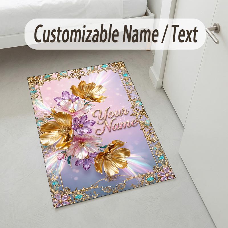 Floral Garden Theme Crystal Velvet Rug Personalized Custom Name Text Soft Floor Mat Home Decor