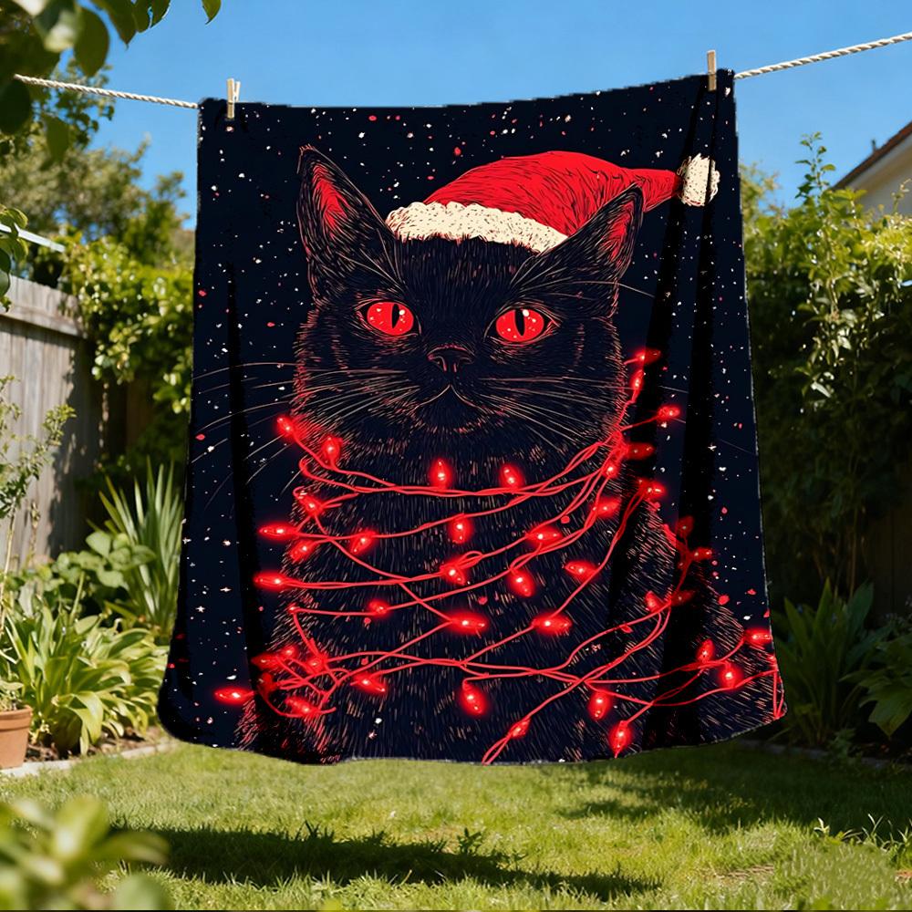 1pc Christmas Cat Outdoor Soft Polyester Flannel Throw Blanket Versatile for All Seasons , Soft , Cozy , Warm All Season Quilted Throw , 80x120cm