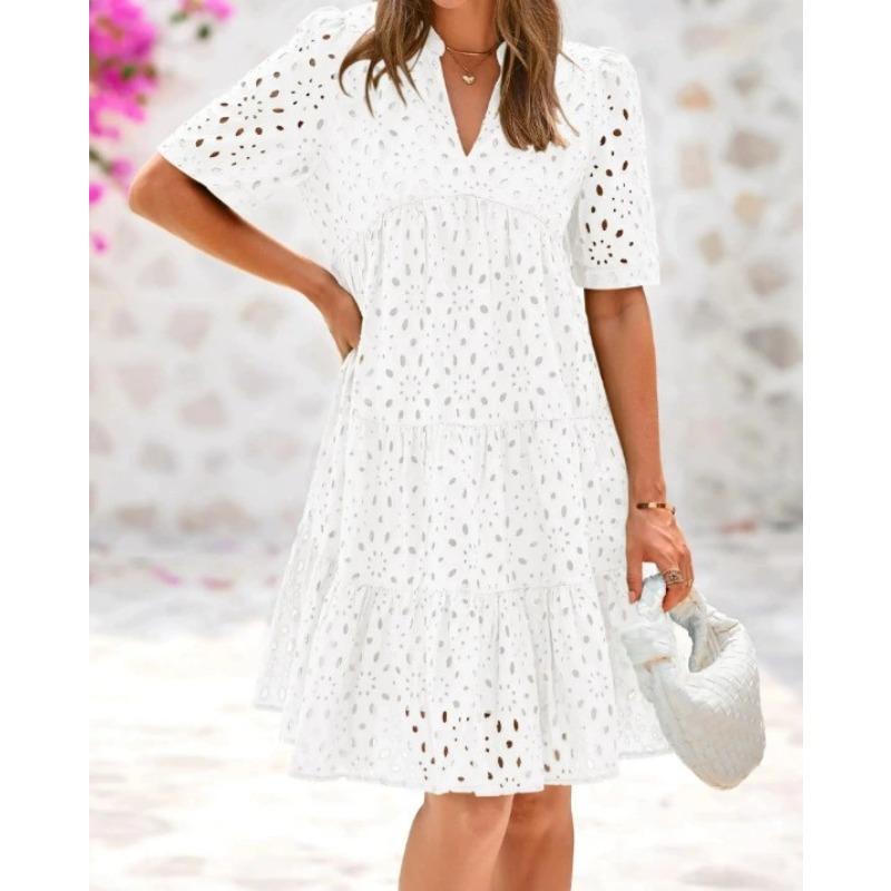 Short Sleeve Women's Beach Vacation Skirt V-Neck Hollow Lace Dress A-Sense Skirt