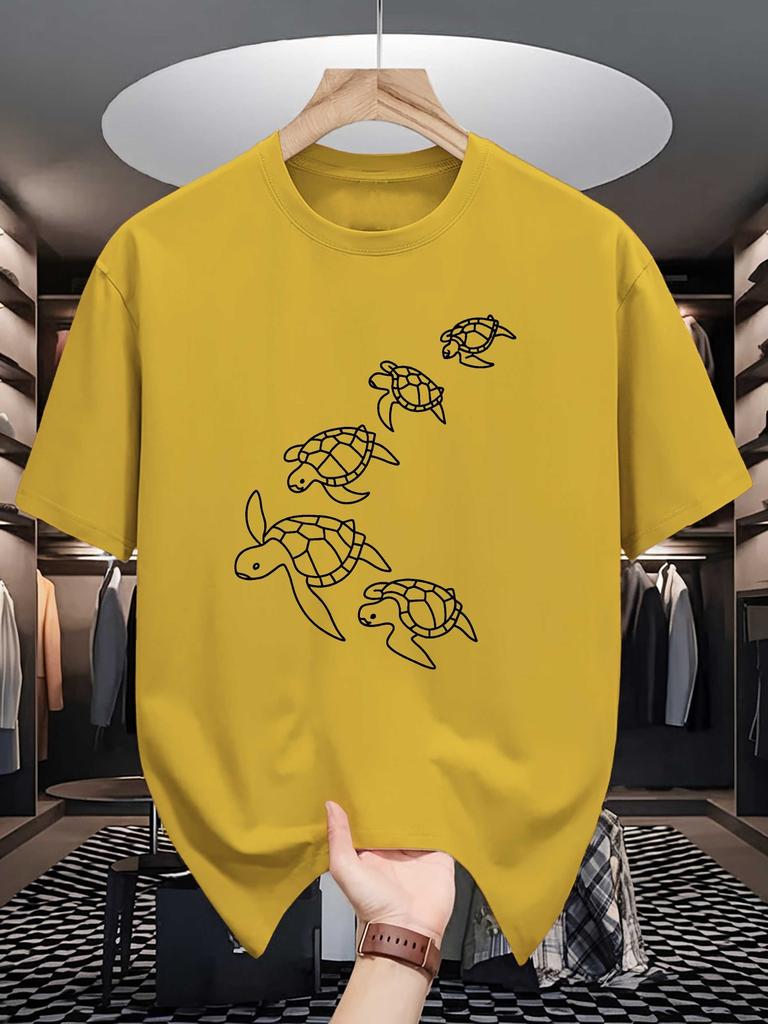 Unisex Crew Neck Tee Minimal Line Sea Turtle Group Art Print Soft Cotton Loose Short Sleeve Summer Casual Male Streetwear Tops