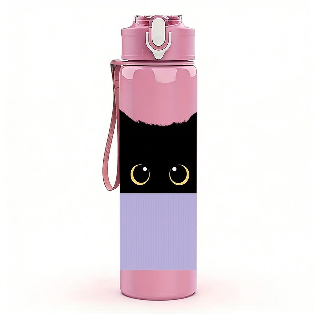 1PC Black Cat Peeking Over Edge Print 750ml Color Plastic Sports Water Bottle Leakproof Flip Straw Lid Suitable for Sports Office Home Use