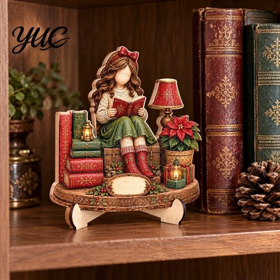 Christmas Shelf Decor Book Lover Gifts for Women, Just A Girl Who Loves Wooden Plaque, Holiday Ornaments 2D Flat Reading Block Sign with Stand