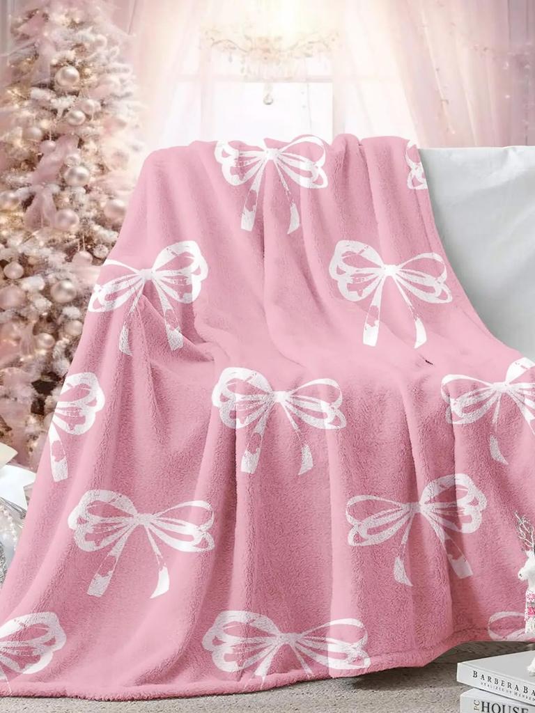 Pink Bow Fuzzy Blanket Cute Bowknot Throw Blanket Bowtie Cozy Flannel Blanket for Valentine's Day Home Bed Sofa Couch Chair