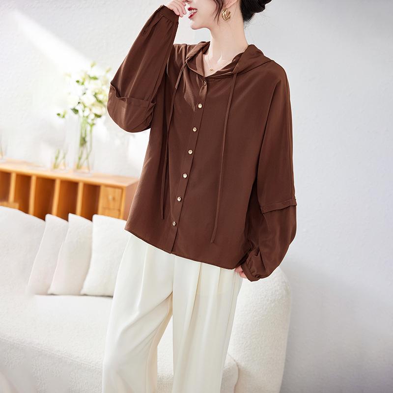 

Свободный и тонкий шелковый топ с капюшоном, рубашка с длинными рукавами из тутового шелка, модная, легкая, роскошная, с темпераментом, женская 2XL