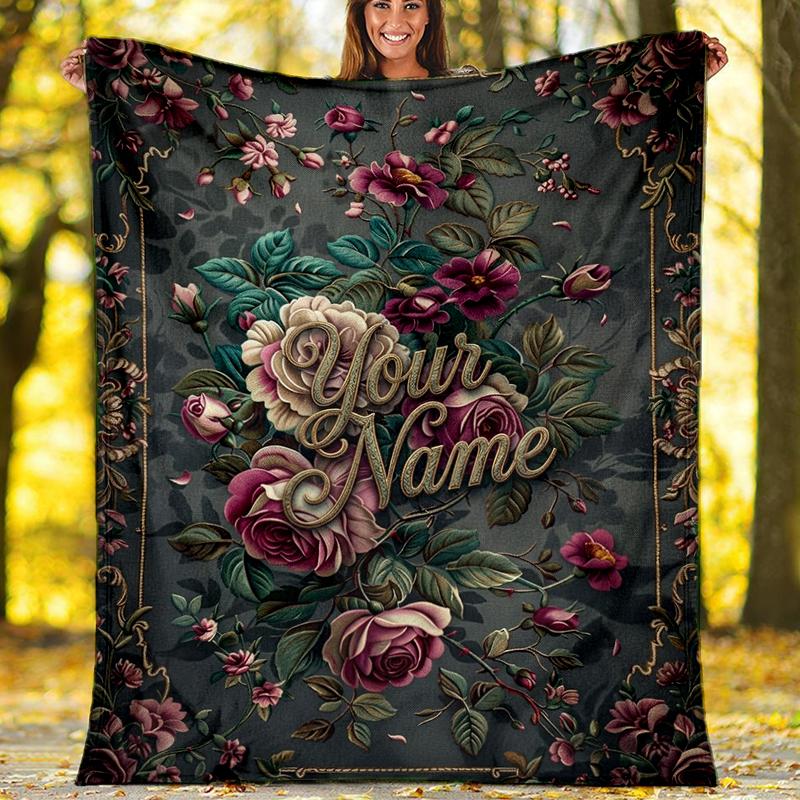 Custom Name Floral nameplate Flannel Fleece Blanket Cozy Warm Throw Blanket For Couch Bed Travel All Season Use