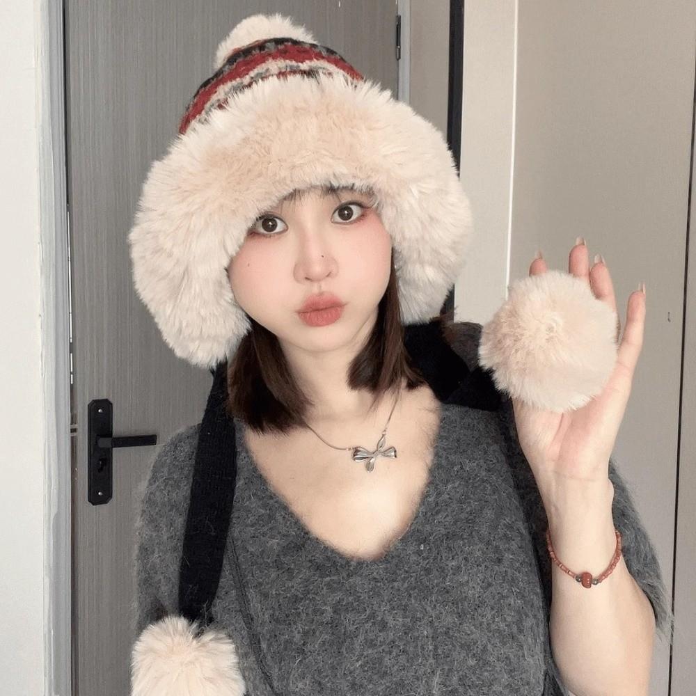 Windproof Knitted Plush Hat Thick Pullover Beanie Hat Fashion Ear Protection Hat  Autumn Winter