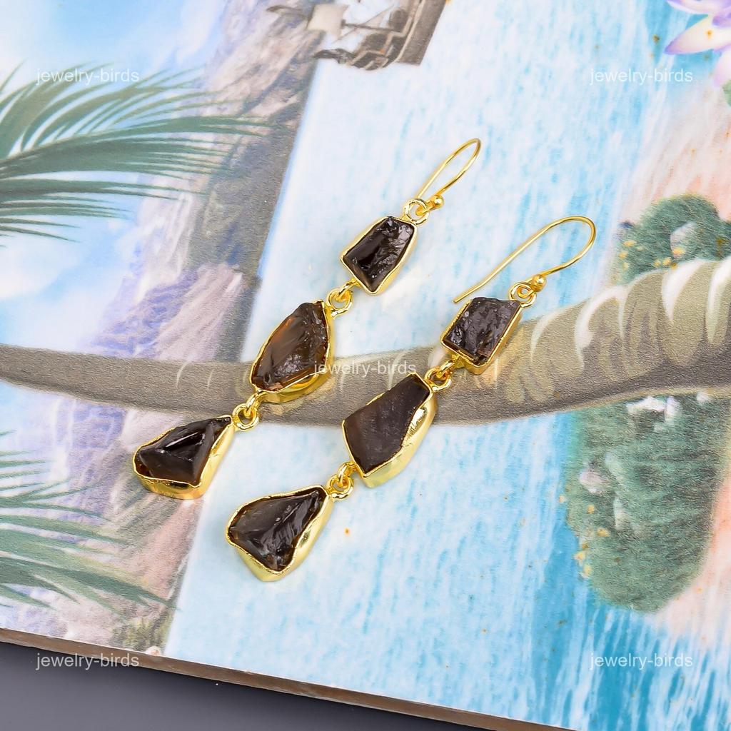 Smoky Quartz Gemstone Electroformed Drop Dangle New Earrings Jewelry Gold Plated V-114