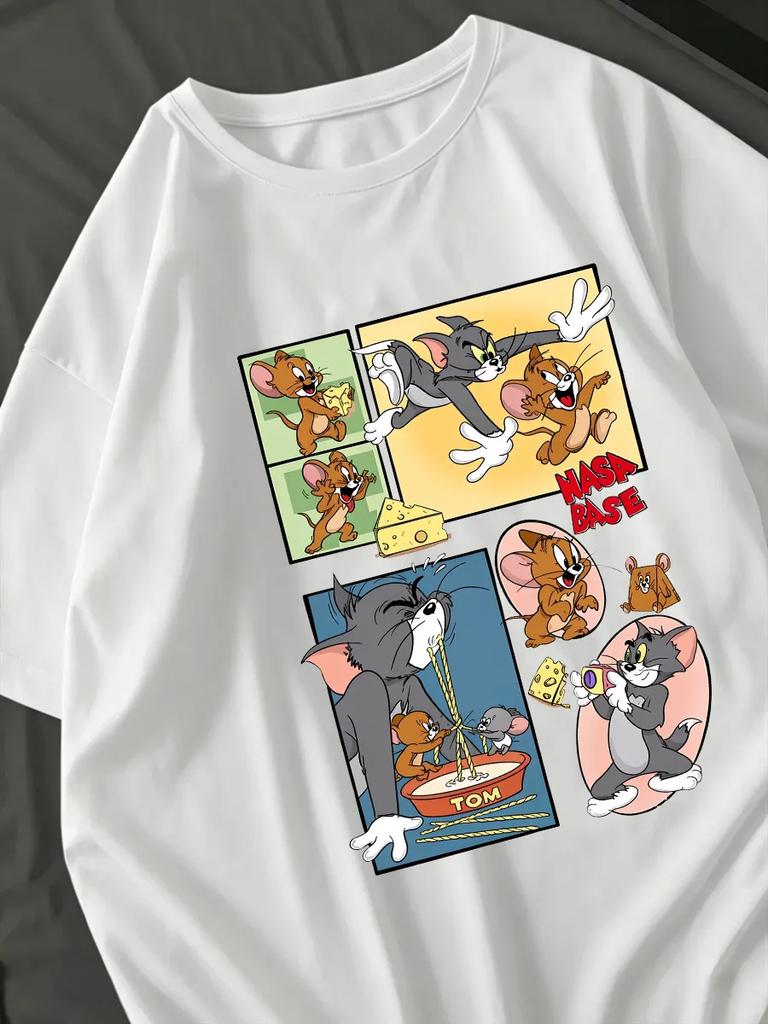 White Oversized T-Shirt with Tom and Jerry Print