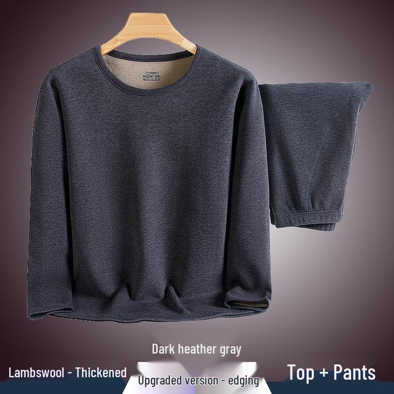 Conjunto de Roupa Íntima Térmica Masculina - Veludo Espessado, Gola Redonda, Cor Sólida, Camada Base de Lã de Cordeiro para Outono e Inverno.