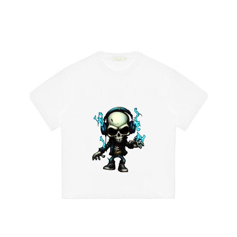 Crewneck T Shirt Black Skull with Headphones and Blue Flames Graphic Print for Casual Wear
