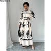 MODIQUE 2025 Spring New Women's Elegant Print Lapel Elastic Waist Belt Long Dress Ladies Casual A-Line Long Sleeve Dress