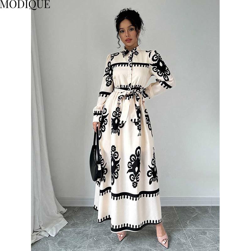 MODIQUE 2025 Spring New Women's Elegant Print Lapel Elastic Waist Belt Long Dress Ladies Casual A-Line Long Sleeve Dress