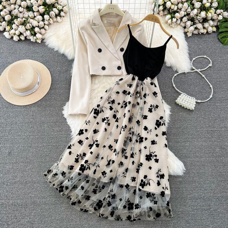 

French Style Long Sleeve Polka Dot Brace Dress Suit Outwear Picture Color M