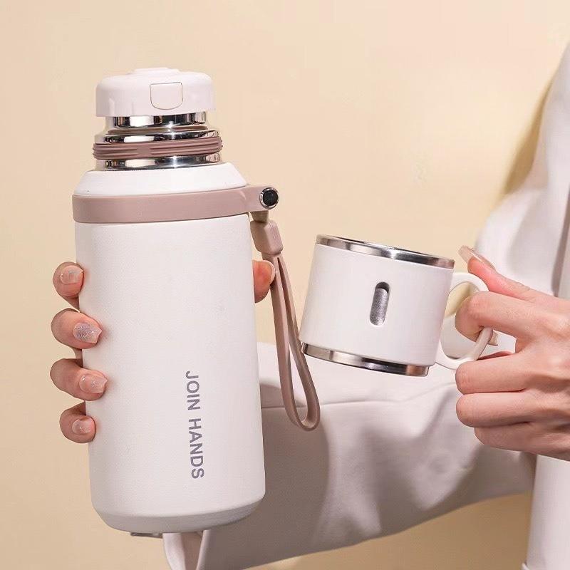 600ml Kawaii 316 Stainless Steel Thermos, Double Wall Vacuum Insulated Water Bottle with Handle & Lanyard for Outdoor Tea