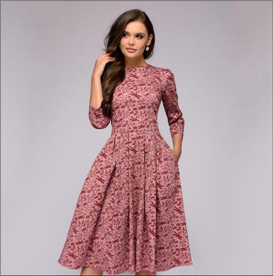 2022 A-line Retro Floral Dress for Women - Three-quarter Sleeve, Round Neck, Autumn/Winter Collection