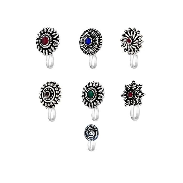 @Traditional Silver Oxidised Nose Pin With Assorted Design UKU151-80%OFF