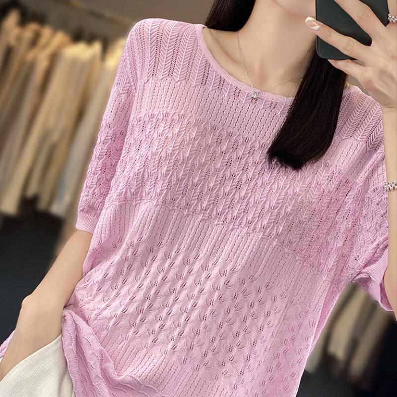 

Женская футболка с коротким рукавом, вязаная из ледяного шелка, с вырезом на шее, крючком и цветочным узором, пуловер, сексуальная, слегка прозрачная, свободная, для базового слоя, с рукавом до локтя L розовый