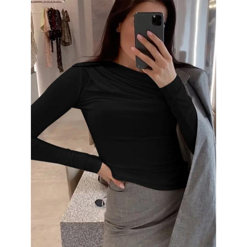 Long Sleeve Top White T-Shirts Women Basic Crop Top Autumn Pollover Solid Skew Neck T Shirt Streetwear Basic Black Y2K Tees
